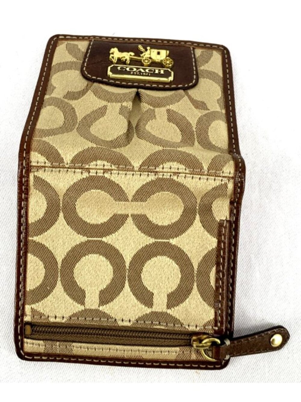 Coach Signature Mini Wallet Gold Fabric with Leather Trim 3.75" FLAW